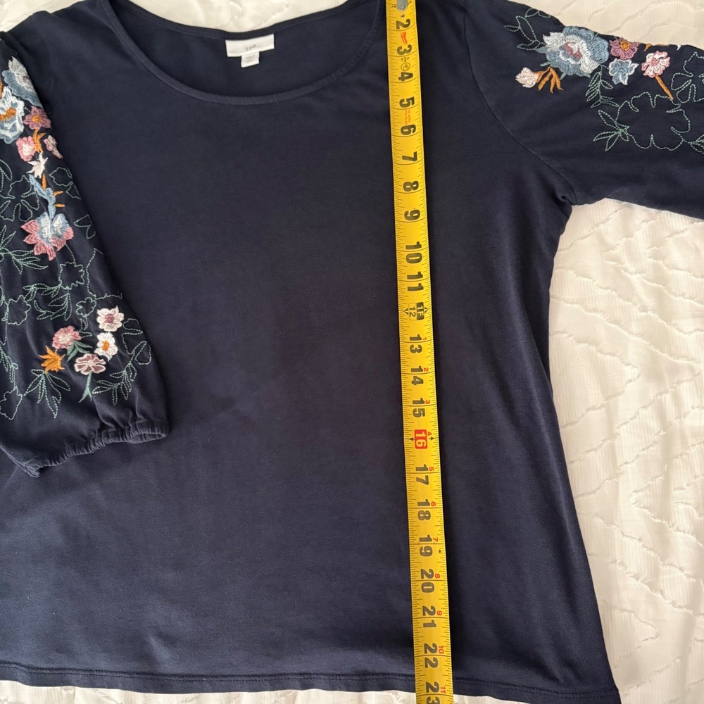 J.Jill Blouse Women Large Petite Navy Blue Good Floral Embroidered 3/4 Sleeve - Picture 7 of 10